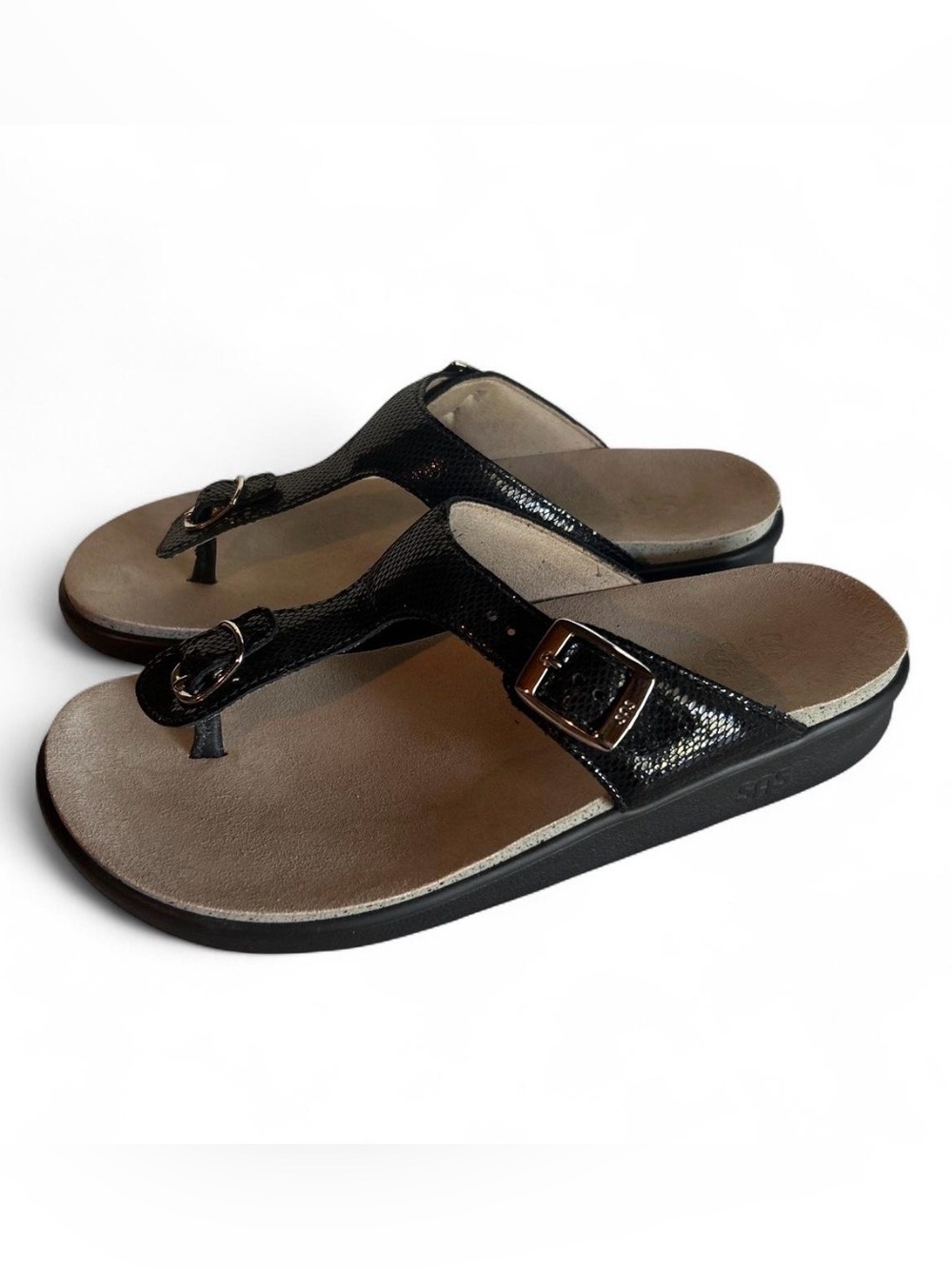 SAS Sanibel black snake print sandals